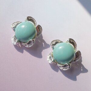 Mid-Century 1960s Turquoise Cabochon & Silver Tone Clip-On Earrings